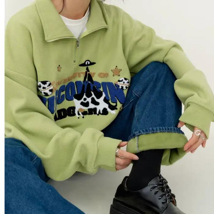Polo aux motifs d'anime JBOLID pour femmes, pull confortable et élégant, vêtement pour étudiantes, style américain rétro, automne-hiver, broderie colorée, ajustement lâche