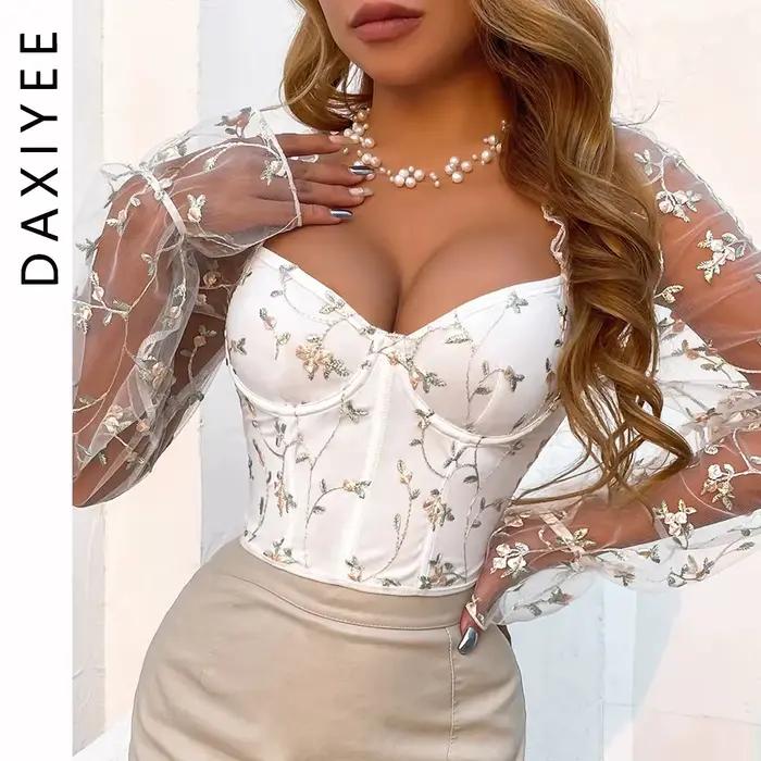 Corsets en arête de poisson à manches longues pour femmes, bustiers brodés de fleurs, haut corset polyvalent, coupe couvertes, maille, fille épicée sexy, mode