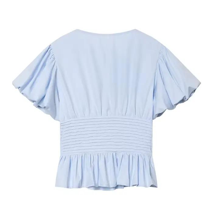 Chemisier bleu à volants pour femme, manches bouffantes, haut court décontracté d'été, tendance femme 2026
