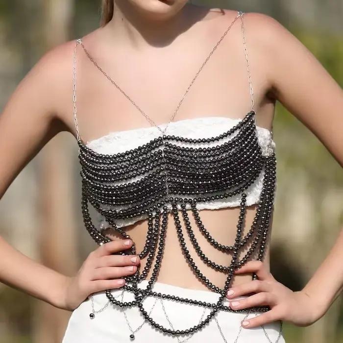 Style européen noir multicouche perlé hauts de soutien-gorge chaîne de corps Camis boîte de nuit Costume de danse Sexy dos nu poitrine corps chaîne hauts