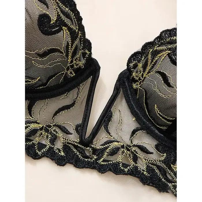 Ensemble de lingerie noire en maille pour femmes, broderie délicate, soutien-gorge et culotte fins, lingerie sexy transparente pour lune de miel