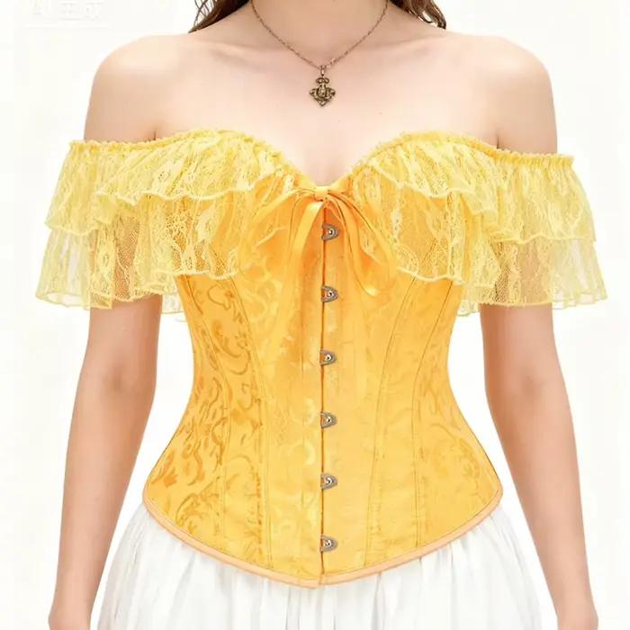 Corsets élégants en Jacquard jaune et dentelle, à volants désossés, haut Sexy, surbuste, vêtements Vintage, Bustier gothique pour femmes victoriennes y2k