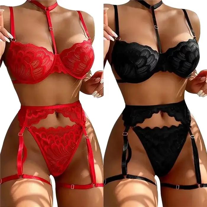 Ensemble de lingerie sexy en dentelle florale pour femme, soutien-gorge transparent à bretelles et culotte avec porte-jarretelles, idéal pour lune de miel, soirée et rendez-vous galant