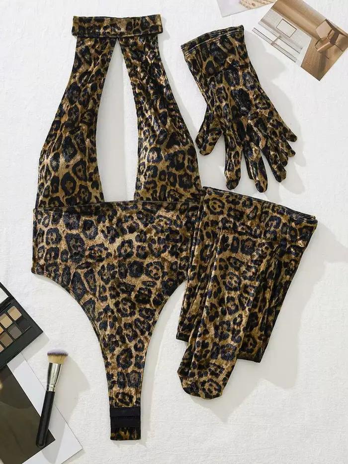 Body imprimé léopard pour femmes, avec gants, Leggings, ajouré, dos nu, bretelles en V profond, sans manches, charmant, fin, 3X4C