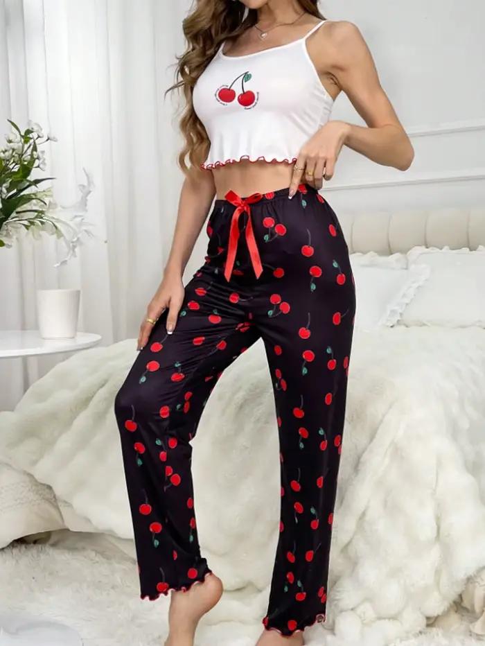 Y2K Coquette cerise imprimé pyjama ensemble femmes Cami haut court pantalon deux pièces vêtements de nuit vêtements de détente été printemps automne tenues