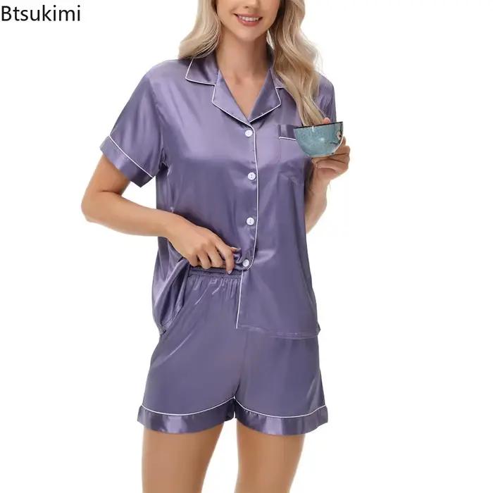 Ensemble de pyjamas pour femmes, vêtements de nuit en satin, hauts boutonnés et shorts, pyjama 2 pièces, pyjama femme, vêtements de nuit pour l'été