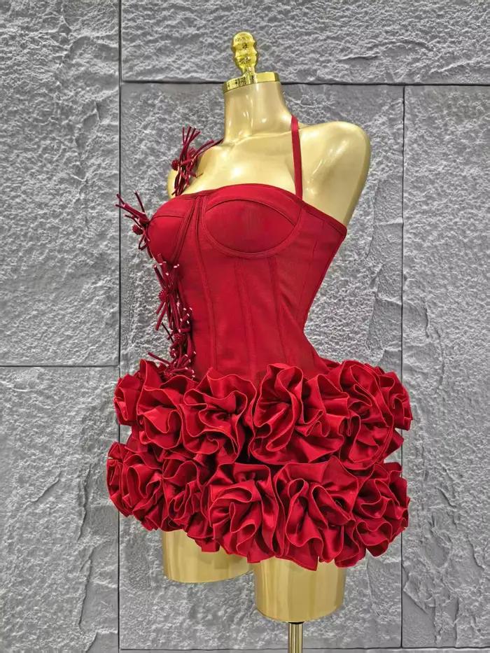 Elegantný štíhly luxusný narodeninový červený čierny obväzový outfit pre ženy Sexy lodičkové šaty na ples celebrít Klub dvojdielny set