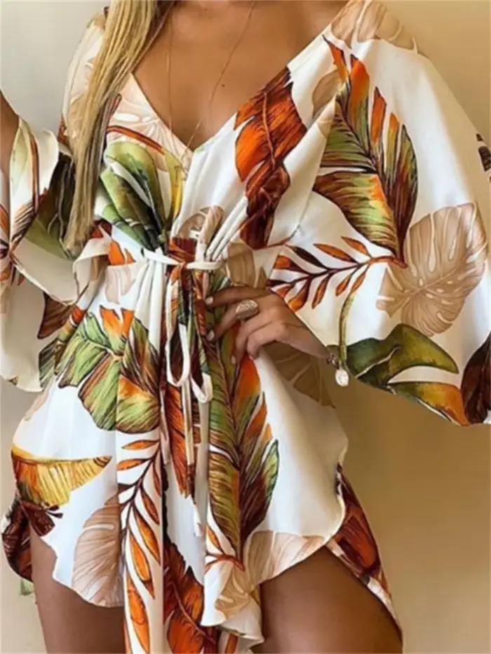 Dámske šaty s potlačou Sexy výstrih do V netopierie rukávy volániky kvety potlač boho plážové letné