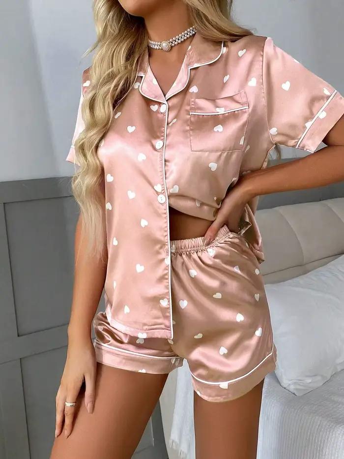 Ensemble pyjama en Satin imprimé cœur pour femmes, décontracté, manches courtes, col à revers, hauts et pantalons, vêtements de nuit et de détente pour adultes