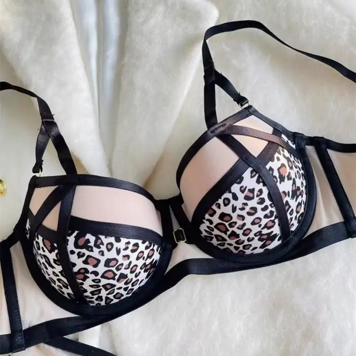 Ensemble de Lingerie léopard Sexy, ceinture fine creuse rassemblée pour collecter les seins, soutien-gorge sur le bas fin, ensemble de soutien-gorge avec anneau en acier doux et épais