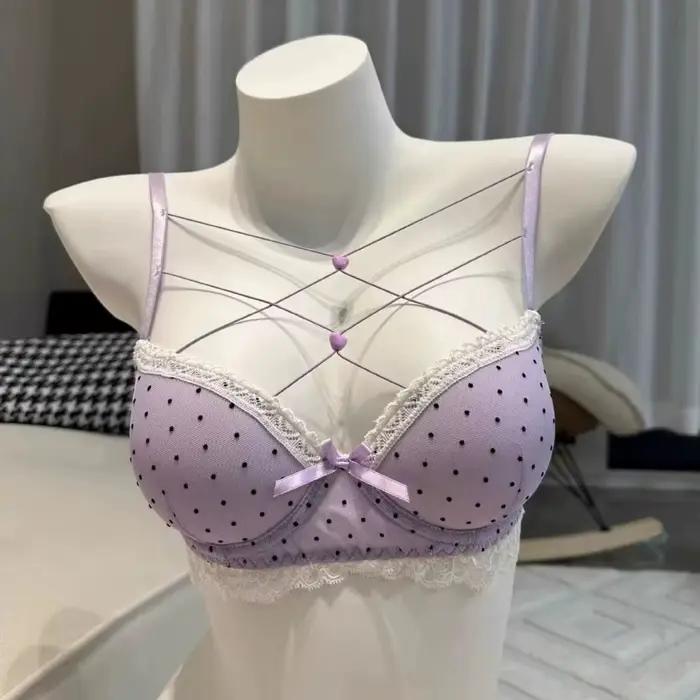 Ensemble soutien-gorge et culotte en dentelle à pois, avec nœuds en forme de cœur, lingerie sexy, soutien-gorge push-up pour femme et jeune fille
