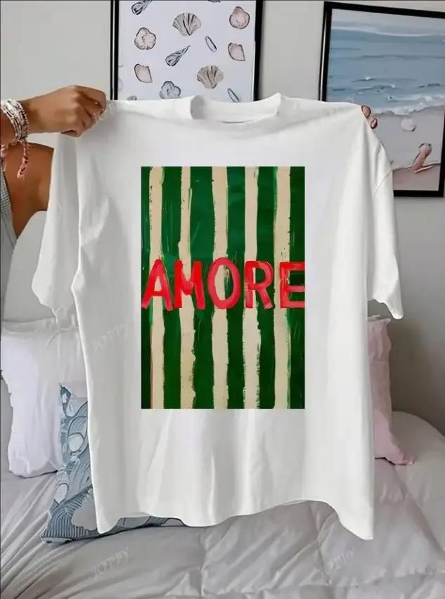 AMORE pruhovaný umelecký vzor letné oblečenie pre ženy voľný okrúhly výstrih krátke rukávy dámske tričká topy