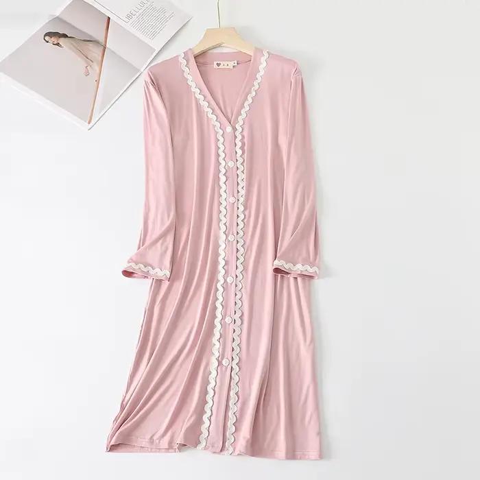 Vêtements de nuit en coton modal à manches longues et col en V pour femmes, robe de nuit en dentelle douce, chemise de nuit décontractée, vêtements de maison, printemps, automne