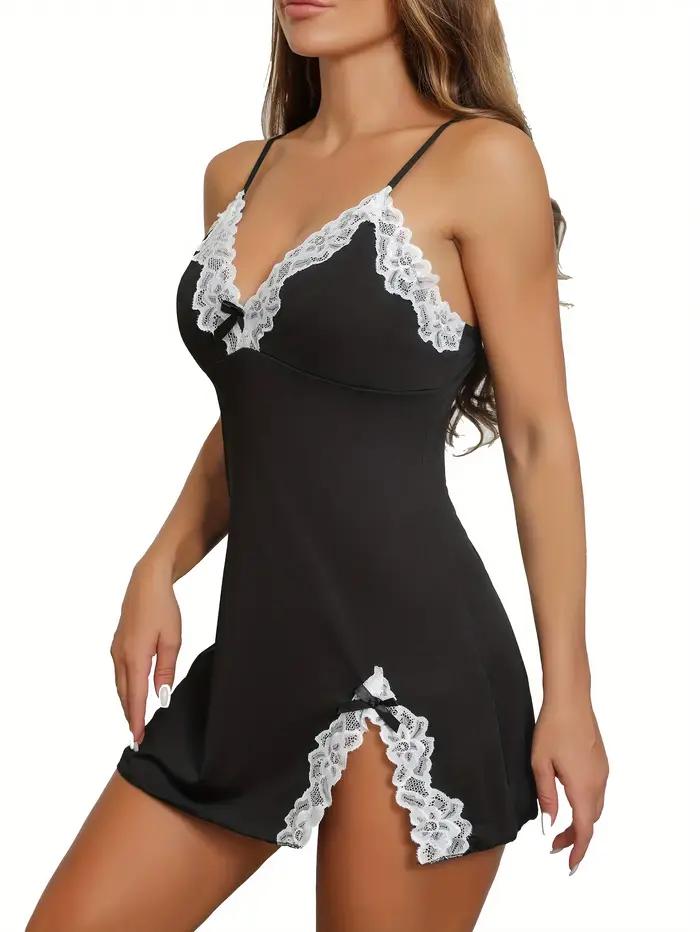 Été dentelle Sexy pur noir sans manches nuisettes femmes vêtements de nuit Lingerie col en v chemise de nuit chemise de nuit chemises de nuit