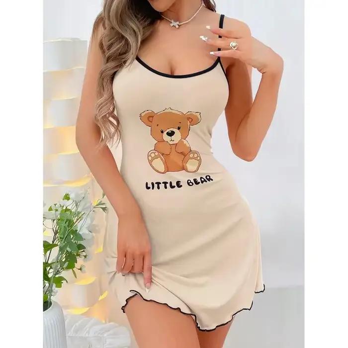 Robe d'été à bretelles pour femme, mini-robe de nuit confortable pour la maison, pyjama sexy imprimé petit ours
