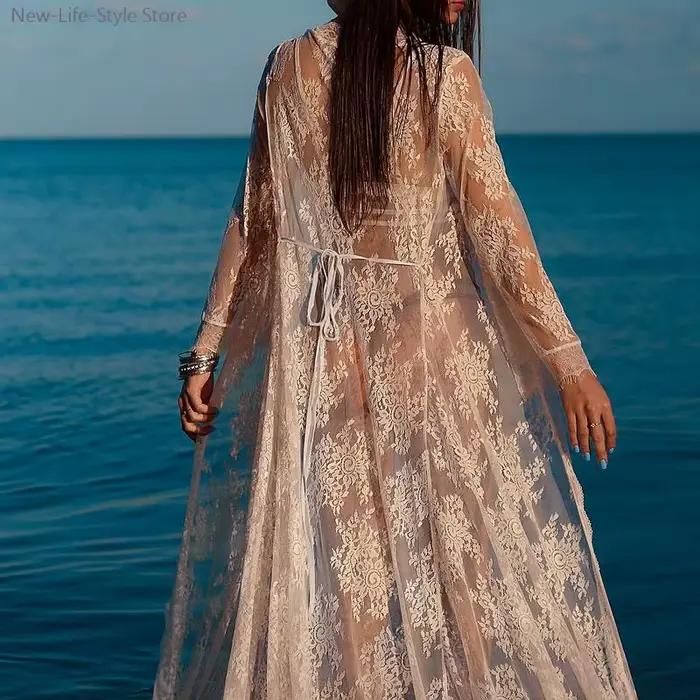 Chemise de nuit longue transparente en dentelle blanche, Robe de demoiselle d'honneur pour femmes, Style Kimono Sexy, vêtements de nuit, peignoir de mariée, Lingerie Sexy, vêtements de nuit
