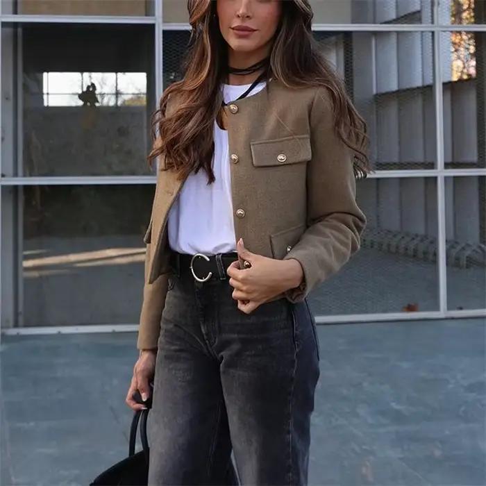 MUJER Tvídová krátka bunda pre ženy s dlhými rukávmi Vintage dámska módna elegantná