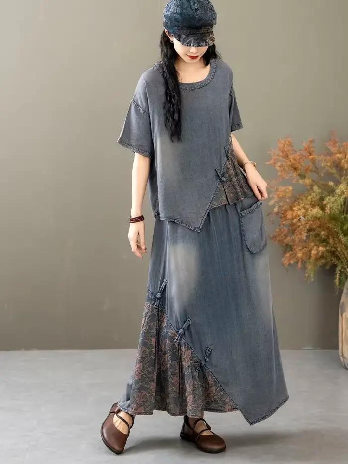 Letné dámske čínske 2-dielne súpravy ležérne potlačené Denim luxusné Vintage topy g