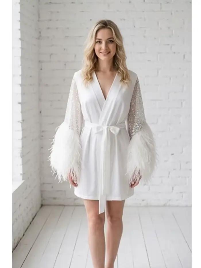 Robe de mariée de luxe en soie avec manches à plumes et sequins, peignoir de boudoir, lingerie de mariage, robe de chambre courte pour femme