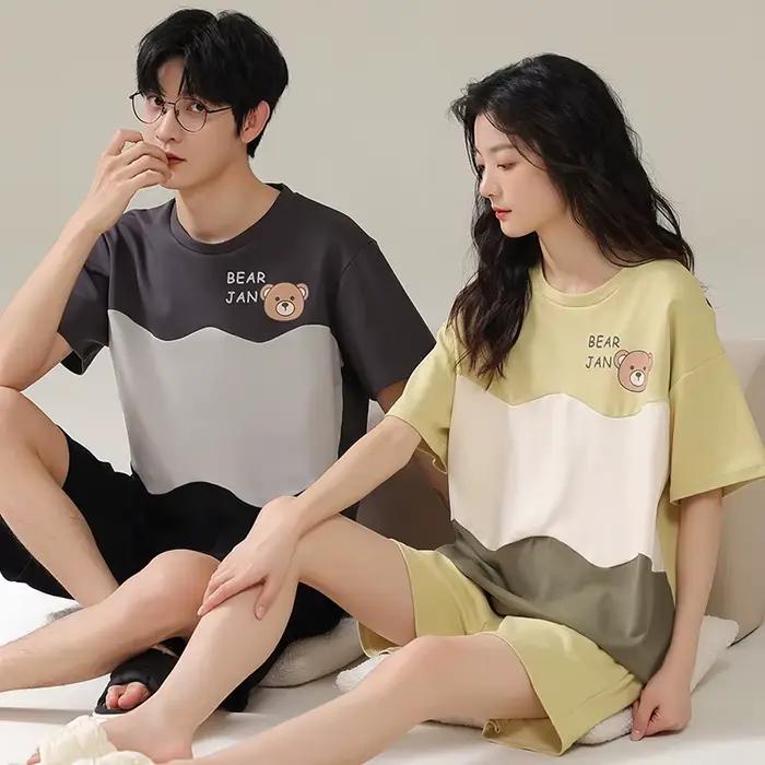Pyjama d'été à manches courtes pour femmes, ensemble de pyjama de dessin animé, en pur coton, vêtements de nuit pour Couple, mode maison