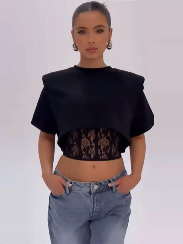 Nový sexy dvojdielny set pre ženy: Krátky korzet s čipkovaným patchworkom