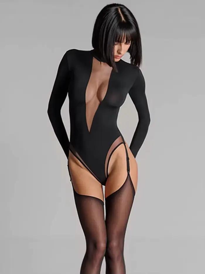 Européenne et Américaine sexy épicée fille dentelle solide couleur à manches longues body printemps et automne femmes sexy slim fit tops
