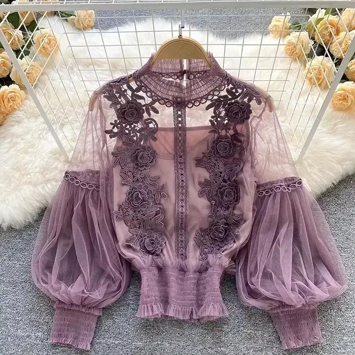 Dlhé rukávy nadýchaná čipka Vintage blúzka Módne elegantné blúzky pre ženy Kórejské