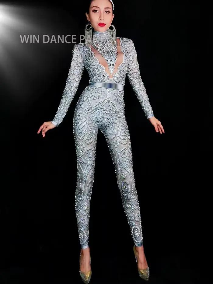 Combinaison moulante pour femme avec perles et diamants, tenue de pole dance, robe de spectacle pour chanteuse de discothèque, costumes de performance