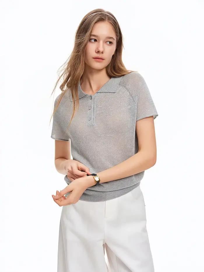 DUSHU Žena 【Letná elegancia】 Voľné tričko s polo golierom z úpletu