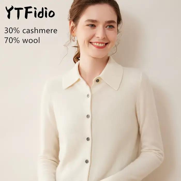 YTFidio kašmír merino vlna pulóver pre ženy s POL golierom dlhé rukávy luxusný vrchný odev dizajnérske dámske kardigany