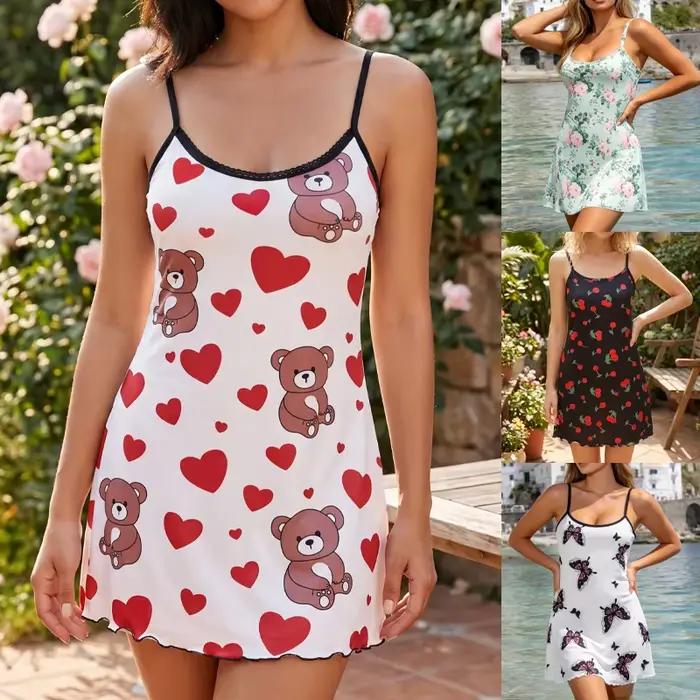 FINETOO Pyjama d'été pour femme, motif ours en peluche, sans couture, imprimé cœurs, papillons et fleurs, sans manches, à volants, tenue d'intérieur, robe de nuit mignonne
