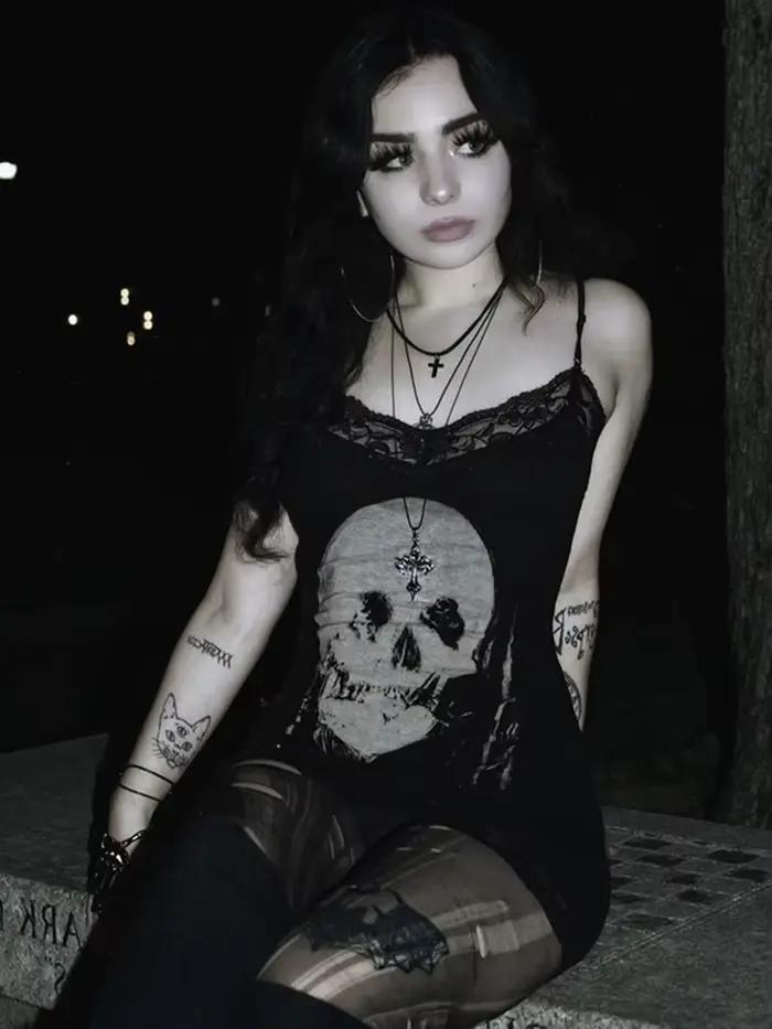 Cyber Punk gotické šaty pre ženy Streetwear Harajuku potlač lebky bez rukávov vysoký pás priliehavé