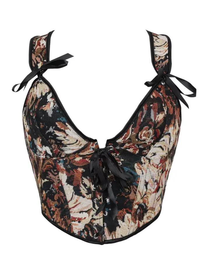 Corset victorien à baleines, bustier vintage en jacquard style peinture à l'huile, avec lacets et ruban en satin rétro, gilet ajusté pour femme