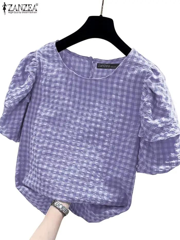 Chemisier en polyester et coton avec motif vichy pour femmes, col rond, manches courtes bouffantes, style décontracté pour printemps été