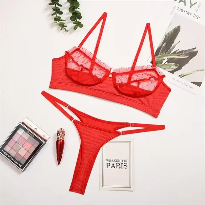 Ensemble de lingerie en dentelle à volants pour femmes, sous-vêtements en maille, soutiens-gorge transparents, culotte, ensembles brefs, lingerie sexy blanche, ensemble de soutien-gorge sans couture,