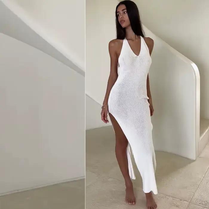 Robe de plage d'été, fente haute, couleur unie, robe de vacances, Sexy, tricot, dos nu, col licou, élégante, sans manches, moulante, à nouer