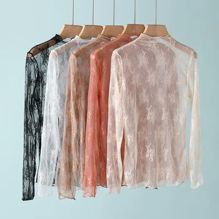 T-Shirts en maille pour femmes, chemisier en dentelle transparente, manches longues, hauts transparents pour femmes, chemise à bascule, T-Shirts transparents, haut court
