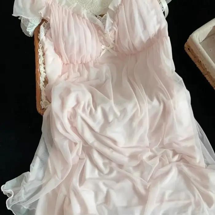 Chemise de nuit féerique style palais rétro pour femme, pyjama d'été mignon en dentelle, long ou à manches courtes, en modal, vêtements d'intérieur