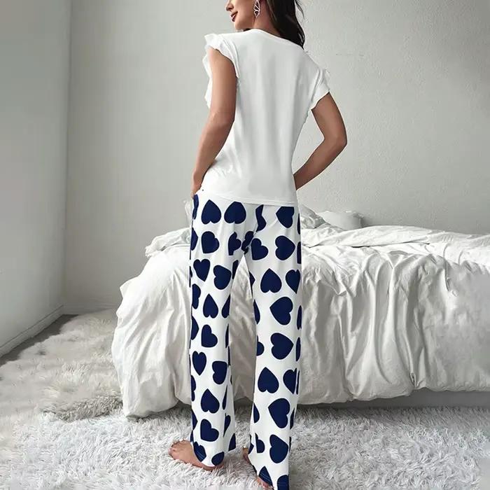 Ensemble de pyjama imprimé cœur et lettre pour femme, manches courtes, pantalon taille élastique, vêtements de maison décontractés