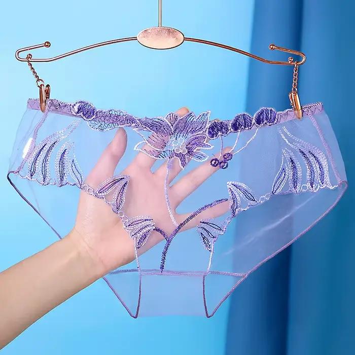 Sexy dentelle culottes slips maille creuse fleur broderie taille basse Transparent femme Lingerie Ultra-mince femmes sous-vêtements sans couture