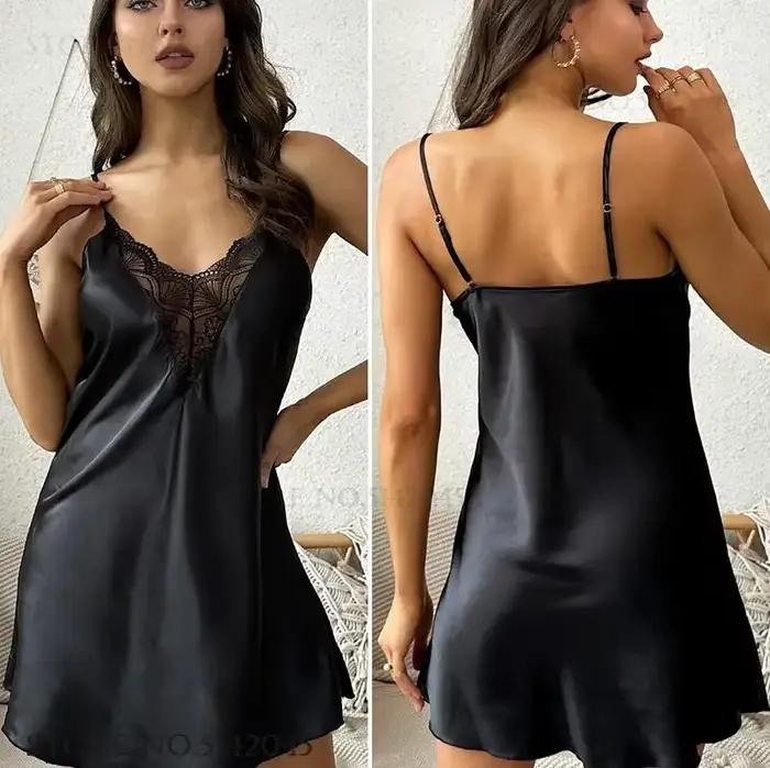 Mode noir jarretelle chemise de nuit vêtements de nuit Sexy Patchwork dentelle chemise de nuit Lingerie intime été nouvelles femmes maison robe de chambre