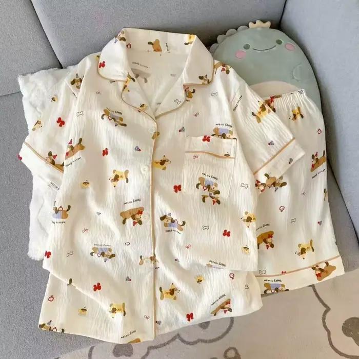 Pyjama d'été pour femme, style fin avec motif chiot, short à manches courtes, doux et mignon, peut être porté à l'extérieur en été, ensemble de vêtements de maison, ensemble deux pièces