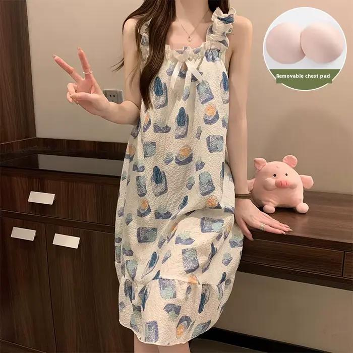 Chemise de nuit pour femme élégante sans manches polyester été mi-mollet tricotée pour dormir et sorties