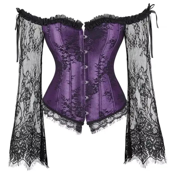Ženský sexy korzet s dlhými rukávmi viktoriánsky bustier vintage gotický nadprsný burleskný s odhalenými ramenami