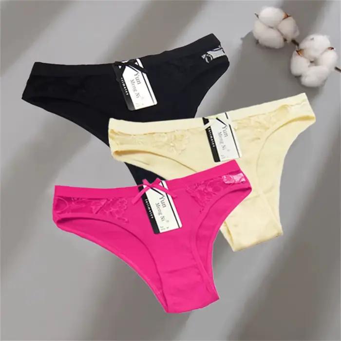 3 pièces dentelle coton culottes pour femmes courbées sans couture sous-vêtements brésiliens Sexy taille moyenne Bikini slips femme respirant Lingerie