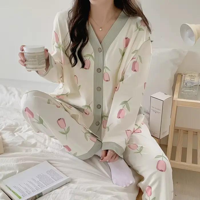 Pyjama d'Allaitement Mensuel en Coton, Vêtements de Maison, Printemps et Été, 2 Ensembles