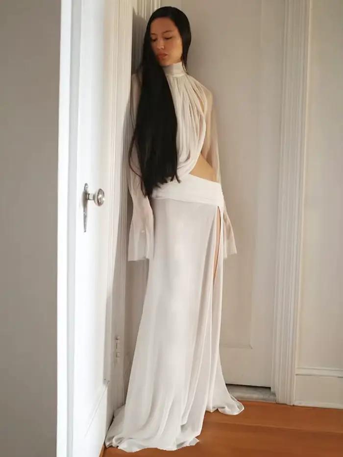Nibber Elegantný 2-dielny Set pre Ženy Priesvitný Rolák Nepravidelný Crop Top + Zodpovedajúca Sukňa Clubwear