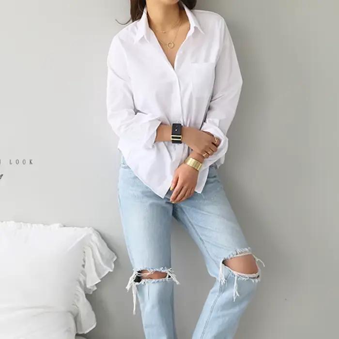 Bavlnená biela košeľa pre ženy Blusas Mujer De Moda OL Štýl voľný vrch dámsky s dlhým rukávom c
