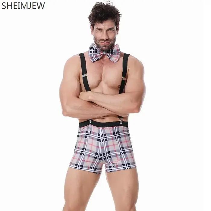 Qqa 2025 Plaid Noir Sexy Costume de serveur de Lingerie, tenue à bretelles, Costumes d'halloween pour hommes, vêtements de club de fête