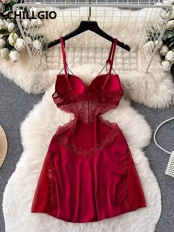 CHILLGIO ženy Sexy čipka kvetinové Spaghetti ramienko letné šaty móda holý chrbát jedna línia leto Priehľadná sieťovina dutá py